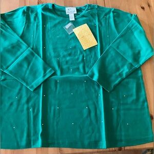 NWT Quacker Factory Green Long Sleeve Top with Rhinestone Embellishments Size 2X
